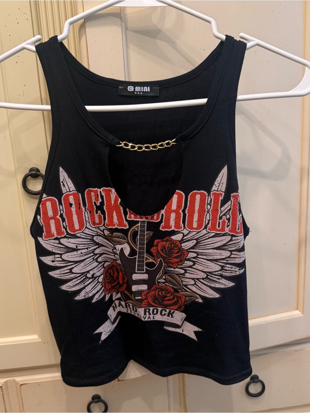 Mini USA Black 'Rock N Roll' Chain-Detail Crop Tank